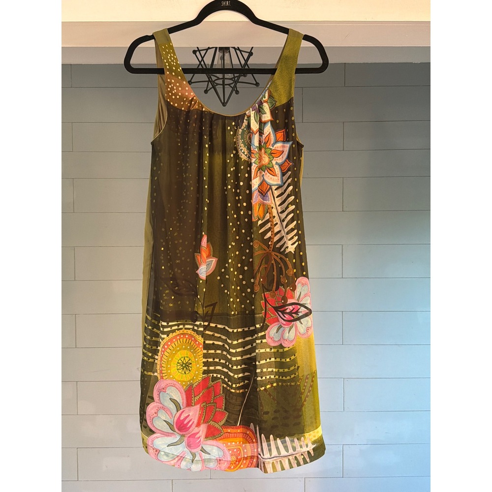 Desigual Olive Green Floral Print Sleeveless Shift Dress Boho Size 38